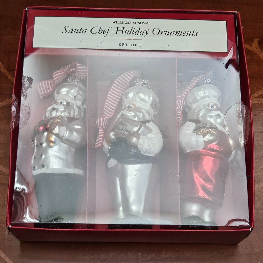 SET 2012 WILLIAMS-SONOMA SANTA CHEF COOK HAND PAINTED GLASS CHRISTMAS ORNAMENTS - Picture 2 of 13